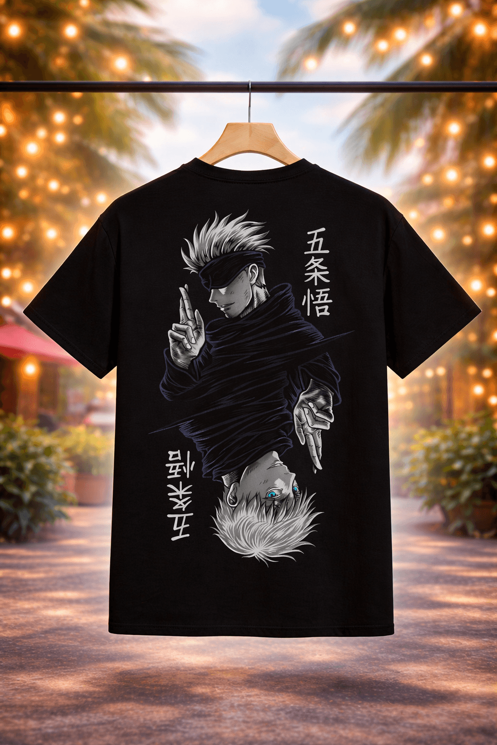 French Terry Cotton Unisex Oversized T-shirt Gojo Up Side Down (BLACK)
