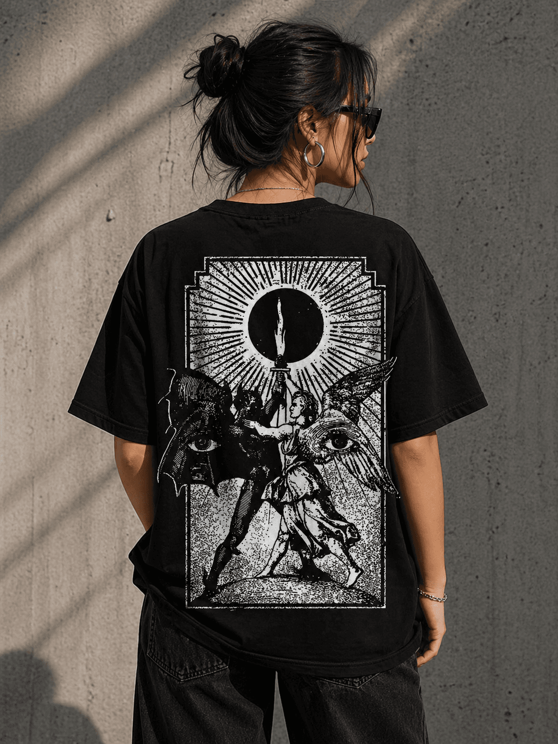 French Terry Cotton Unisex Oversized T-shirt Evil VS Good (BLACK)