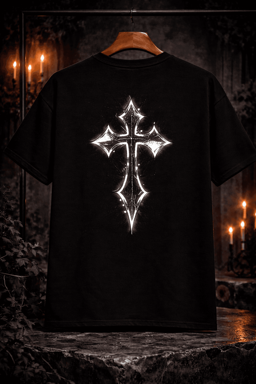 French Terry Cotton Unisex Oversized T-shirt White Cross (BLACK)