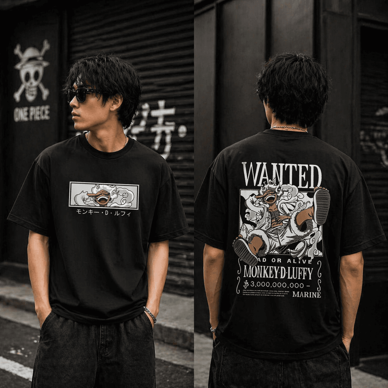 French Terry Cotton Unisex Oversized T-shirt Wanted Luffy (BLACK)